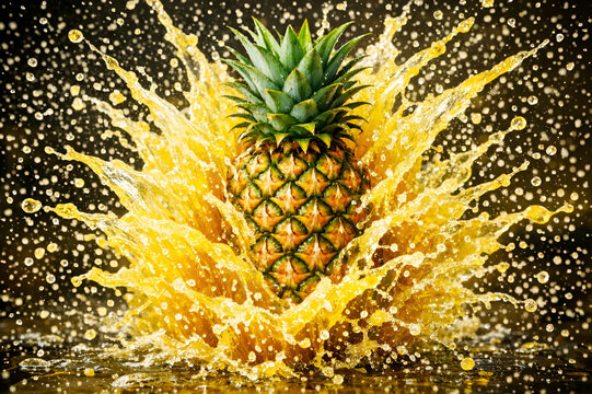 Fresh Pineapple Splashing in Juice with Vibrant Golden Droplets.