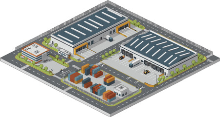 Obraz premium Isometric industrial logistics center with warehouse buildings, loading docks, and cargo containers.