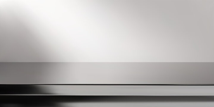 Stainless steel kitchen counter with shiny metallic surface, modern silver table for product display, realistic 3D render with glossy texture and contemporary interior design.