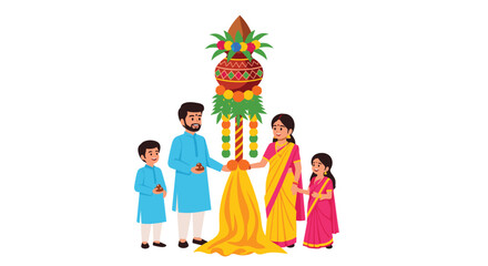Fototapeta premium A family of four in traditional attire celebrates Gudi Padwa around a decorated Gudi with a kalash and yellow cloth.