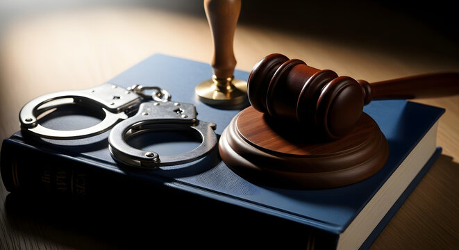 Wooden Judge Gavel with Metal Handcuffs and Notary Stamp Placed on a Thick Law Book for Legal Justice Concept, Professional Courtroom Photography for Lawyer Firm Marketing and Criminal Law Themes