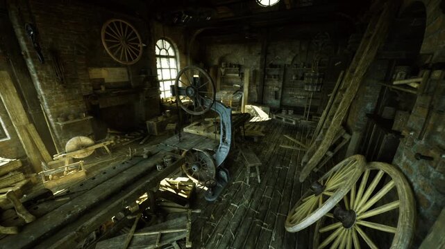 Bright window illuminating wooden workbench. Stacked wheels, old jigs, scattered nails, soft golden light, tactile woodgrain, quiet creative pause, handcrafted
