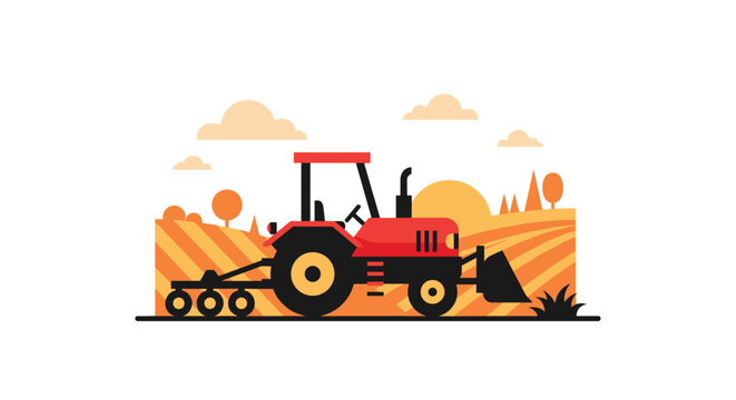 A red tractor with attachments is working in a golden agricultural field under a setting sun.