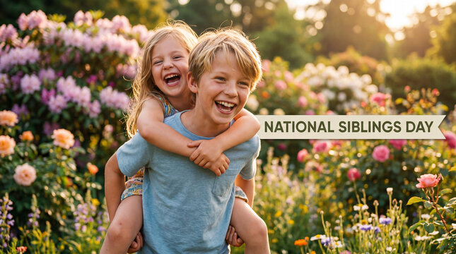 National Siblings Day brother giving sister piggyback ride in flower garden showing playful sibling bond for family celebration social media posts