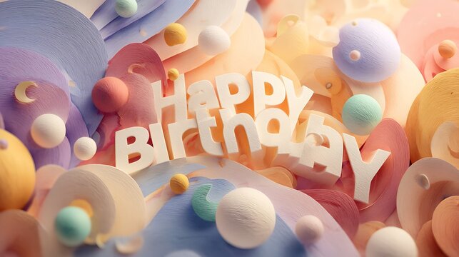 Paper art banner with "Happy Birthday" letters seamlessly blended into a surreal paper world of abstract forms and floating elements, open imaginative environment with depth, soft glowing lighting wit