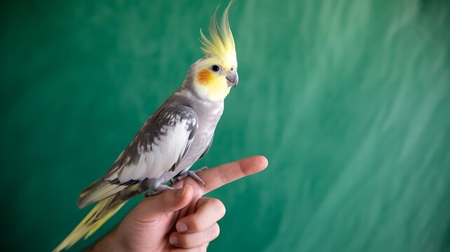 Cockatiel perched on a finger against a green background