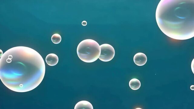 Realistic soap bubbles floating and drifting upwards against a serene teal blue background.