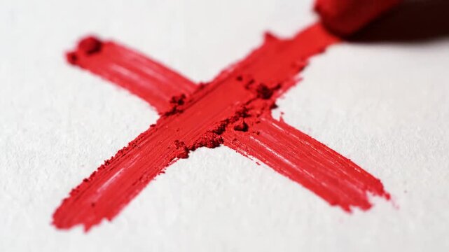 Hand painting red X mark on white paper with brush