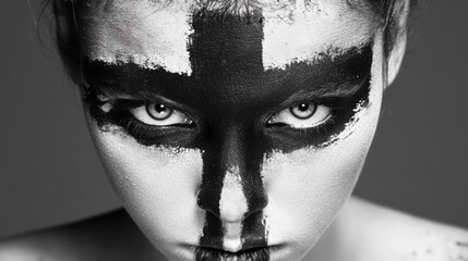 Obraz premium Black and white portrait of a woman with a black cross painted over her eyes. Intense gaze of a female warrior. Symbolic religious and war ritual makeup