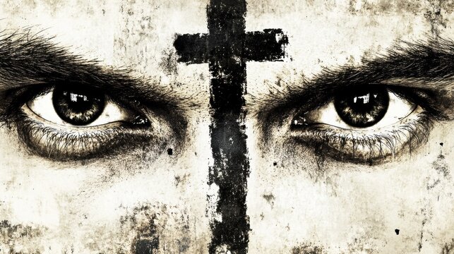 Close up of intense eyes with a black cross painted on the face. Religious symbolism of faith and conflict. Gritty portrait of a martyr or warrior