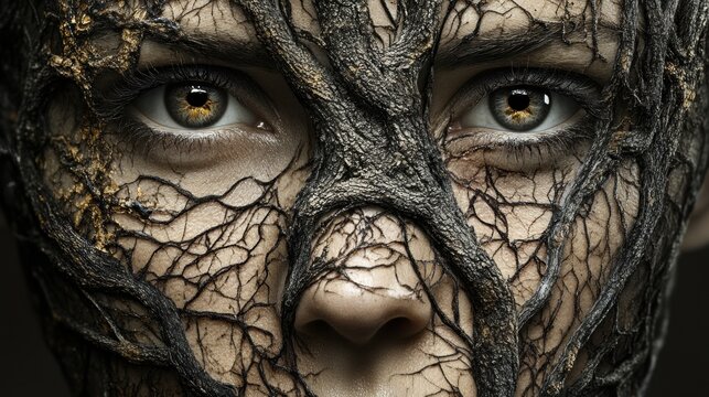Close up of a human face covered in tree roots and bark texture. Macro shot of hazel eyes with organic wood mask. Ancient nature and entrenched concept