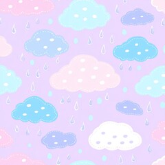 Fototapeta premium A seamless pattern of pastel pink, blue, and purple clouds with raindrops