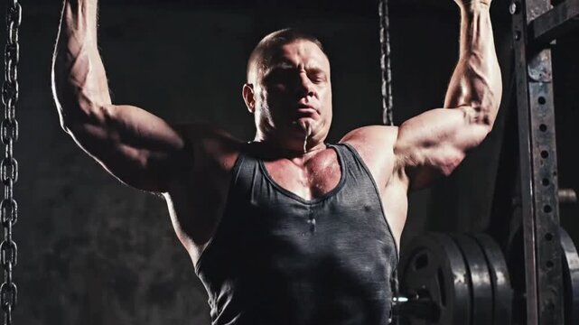 Muscular man performing intense pull-ups in a dimly lit gym, showcasing dedication, raw strength, and a powerful physique during a challenging workout session