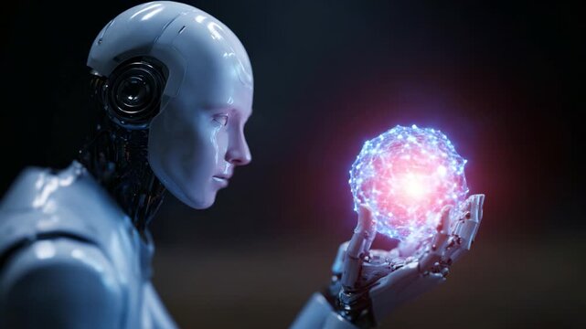 A futuristic android embedded with advanced technology holds a luminous energy sphere, representing the intersection of artificial intelligence and human-like consciousness.