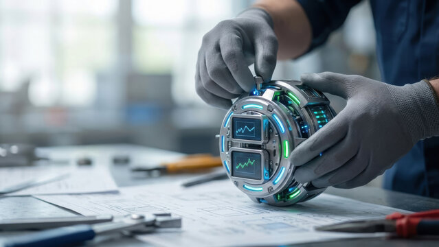 Next gen engineering solution ai smart systems future technology device desk plan paper with glowing interface and technician hand adjust component