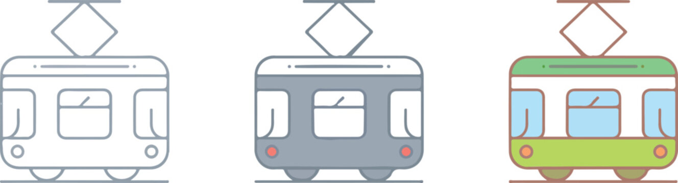 Tram vector icon set featuring minimalist light rail vehicle for urban public transportation city commute and electric streetcar transit system design.