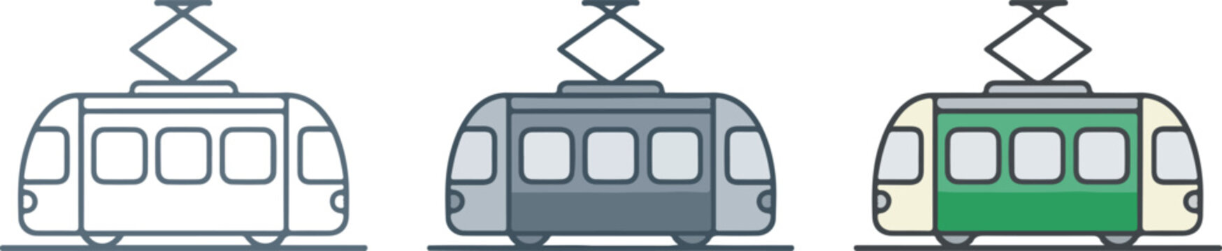 Tram vector icon set featuring minimalist light rail vehicle for urban public transportation city commute and electric streetcar transit system design.