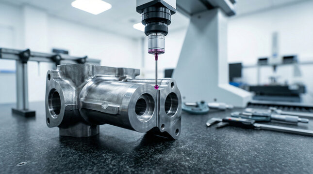 Macro shot of a high-precision coordinate measuring machine probe inspecting a complex steel metal part in a quality control laboratory, industrial metrology for aerospace and automotive manufacturing