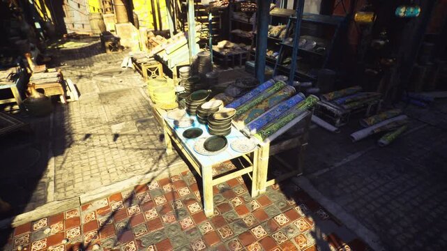 Morocco outdoor ceramics table under noon sun, stacked plates and shallow bowls arranged on patterned rug, vendor prepping display near medina lane, warm tones