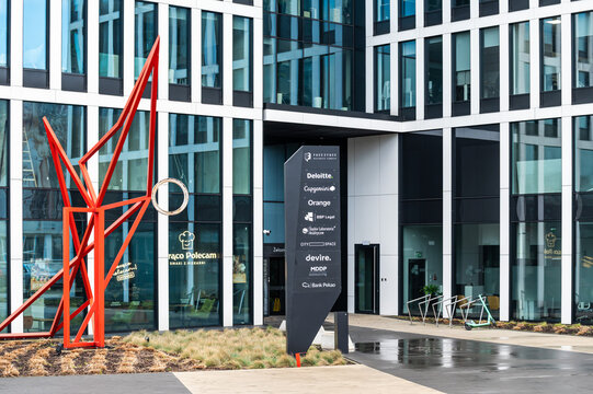 Katowice, Silesian, Poland - Entrance of the business campus for corporate offices