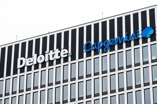 Katowice, Silesian, Poland - Sign and headquarters of the Deloitte and Capgemini accounting and consulting groups
