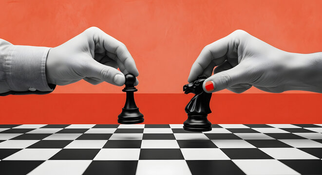 Business Strategy Concept Featuring Two Hands Moving Black Chess Pieces on a Checkered Board with Vibrant Red Background for Professional Marketing, Leadership, Competition, and Strategic Decision