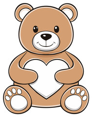 Obraz premium Cute brown teddy bear illustration holding a white heart. A cartoon plush toy for children with love. Valentine's card clip art, isolated.