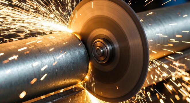 Metalworking Process with Circular Abrasive Cutting Tool Sparks Flying While Shaping Metal Pipe