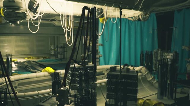 Cargo transfer operation inside space station with stacked crates, tethered lifters, robotic harnesses, teal curtains, winches, pallet stacks, focused task