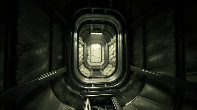 Narrow ventilation artery with padded insulation panels, service lights, riveted ribs and reflective floor producing claustrophobic tension and quiet hum