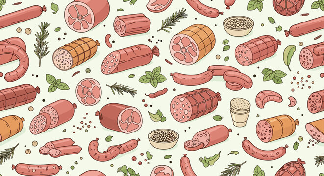 Seamless pattern of assorted sausages, hams, and meat cuts garnished with fresh herbs and spices on a light green background.