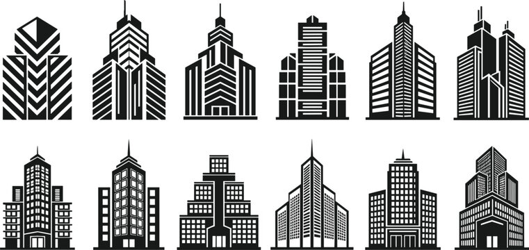 Black and white modern city skyline architecture vector illustration set featuring isolated corporate office skyscraper buildings and urban business towers.