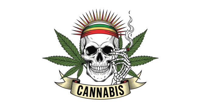 Edgy illustration of a skull wearing a colorful rasta hat smoking a joint with cannabis leaves and a ribbon banner.