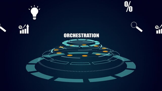 Digital orchestration of financial data using futuristic HUD interface, Abstract business technology with light bulb and percentage icons processing.