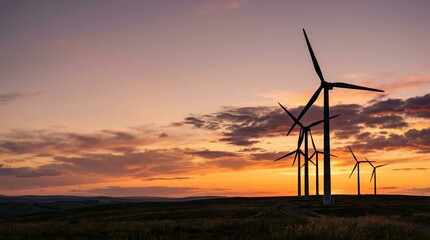 Obraz premium Majestic wind turbines stand tall against a breathtaking sunset, symbolizing the future of clean and sustainable energy generation across the expansive landscape