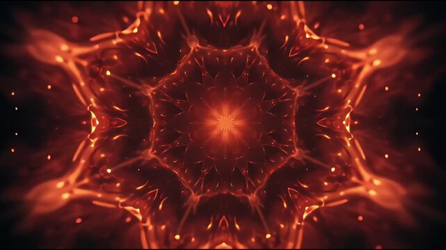 Abstract Fiery Kaleidoscope Pattern with Glowing Particles and Stellar Energy Bursts