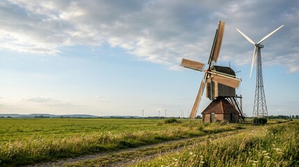 Naklejka premium Traditional Dutch windmill stands beside a modern wind turbine in a sunlit field under a cloudy sky, symbolizing the transition from old to new energy sources