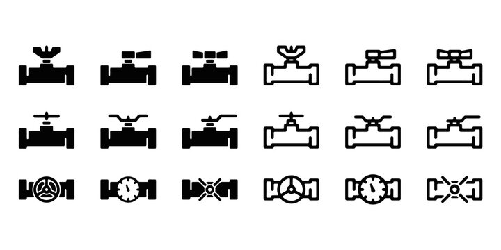Plumbing pipeline with different valves and indicators icon set. Sewerage, water and gas pipe with fittings symbol. Industrial pump and drain system with faucet and valve vector illustration.