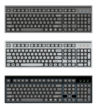 Full-size computer keyboard in various colors.