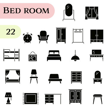 Bedroom icons. A monochrome set of icons dedicated to the bedroom and its interior.