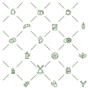 A set of minimalist linear icons in green style dedicated to tea, coffee, and sweets.