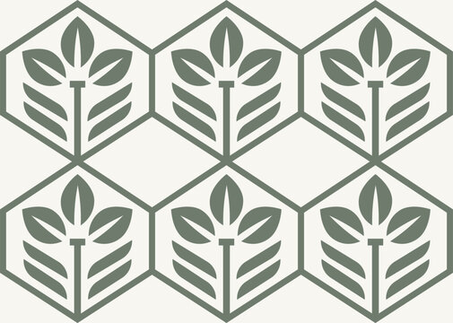 A seamless geometric pattern featuring stylized leaves arranged in a hexagonal grid.