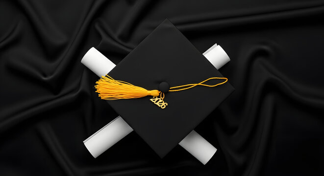 Graduation Cap with Class of 2026 Charm and Rolled Diplomas on Elegant Black Silk Fabric Background for Academic Achievement Celebration, University Commencement Concept, Minimalist Professional
