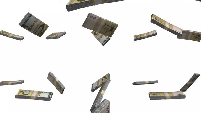 South Korea Money, South Korean Won Banknotes Falling, KRW Currency Stacks, White Background, 4K