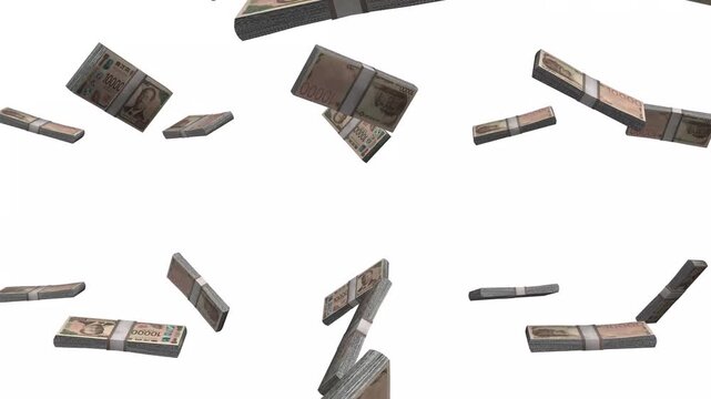 Japan Money, New Japanese Yen Banknotes Falling, JPY Currency Stacks, White Background, 4K