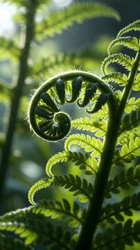 Green fern leaf, fiddlehead fern, natural foliage, spiral plant