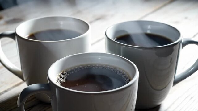 Three Cups of Hot Coffee Steaming on a Wooden Table