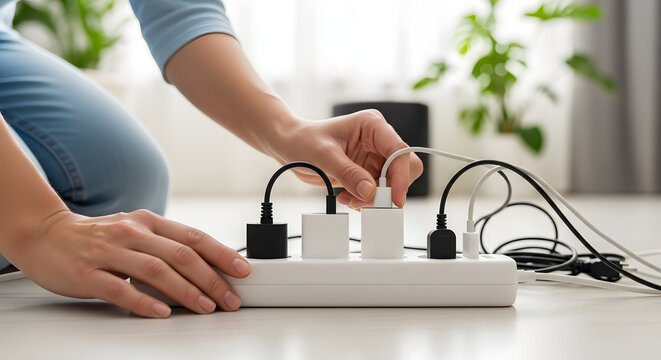 Person Plugging in a USB Charger into a Power Strip at Home, Close-up Shot of Electrical Cords and Multiple Adapters for Electronic Devices, Concept of Energy Consumption, Technology and Connectivity