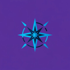 Fototapeta premium A stylized blue compass rose with eight points is centered on a vibrant purple background.