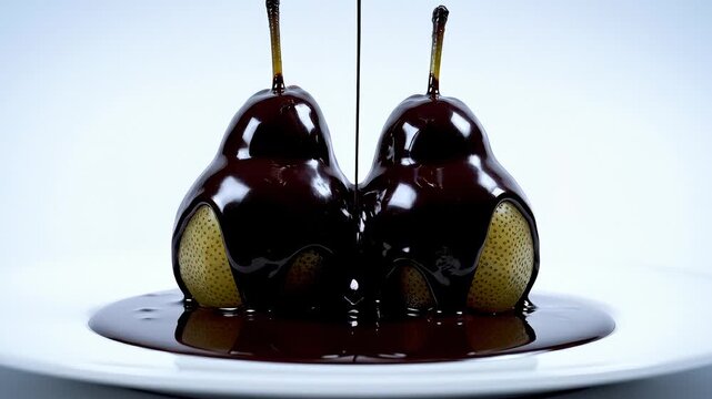 Two Pears Being Drizzled With Dark Chocolate Sauce on a White Plate, Close Up